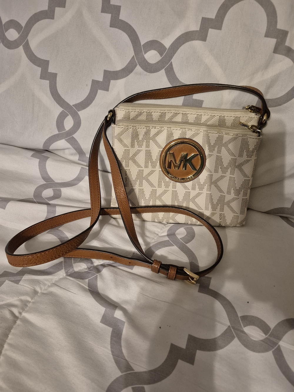 Michael Kors Cream and Brown MK Logo Crossbody Bag